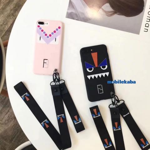 ストリート ブランド フェンデイ Fendi カッコイイ モンスター 怪獣 大きい目 iPhone8 iPhone7s iPhone7 ケース カップル ブラック ピンク ストラップ アイフォン8 ペアケース