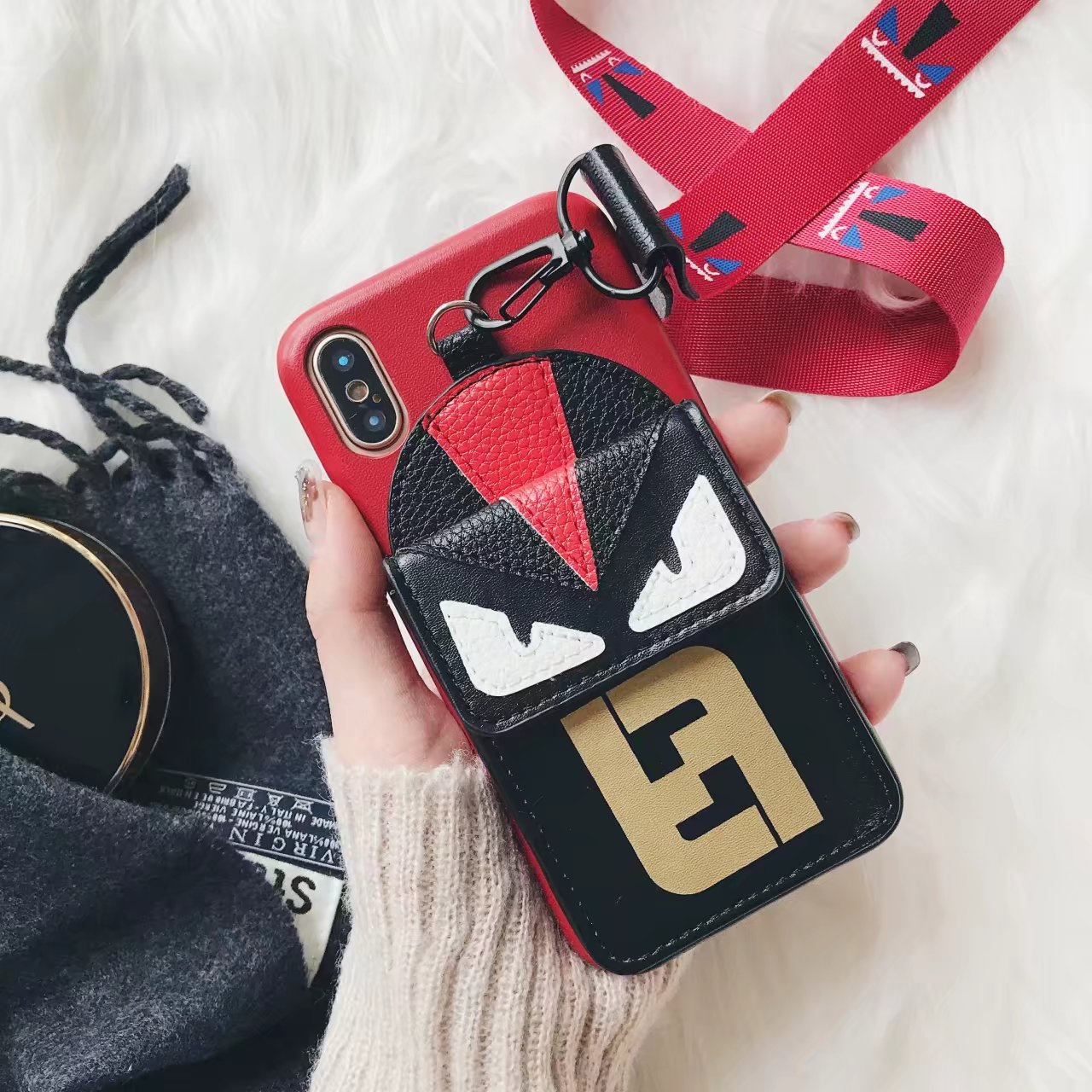 iPhoneXケース人気ネックストラップ付きフェンディFENDIアイフォン8PLUS/8携帯カバーiPhone7Plus/6s/7スマホジャケット

