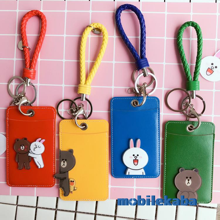 
ライン韓国カワイイ ストラップ付きパスケース ブラウン コニーLINEラブラブ定期入れレディース　メンズ キャラクター熊クマ合成皮革
