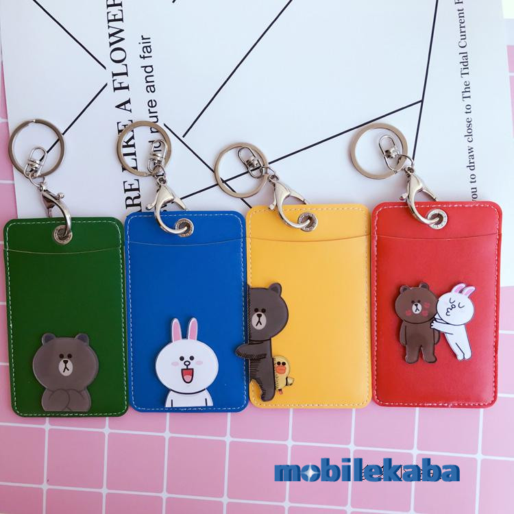 
ライン韓国ストラップ付きパスケース ブラウン コニーLINEラブラブ定期入れレディース　メンズ キャラクター熊クマ合成皮革
