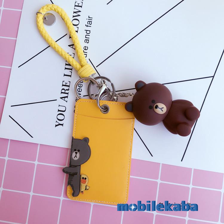 
ライン韓国カワイイ ストラップ付きパスケース ブラウン ラブラブ定期入れレディース　メンズ キャラクター熊クマ合成皮革
