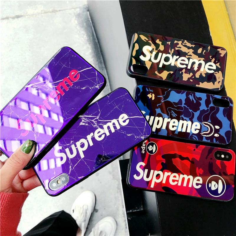 硬化ガラスSupremeケースiPhoneX/8シュプリーム高級メッキ加工アイフォン8/7Plus/7/6s携帯カバー猿エーエイプ
